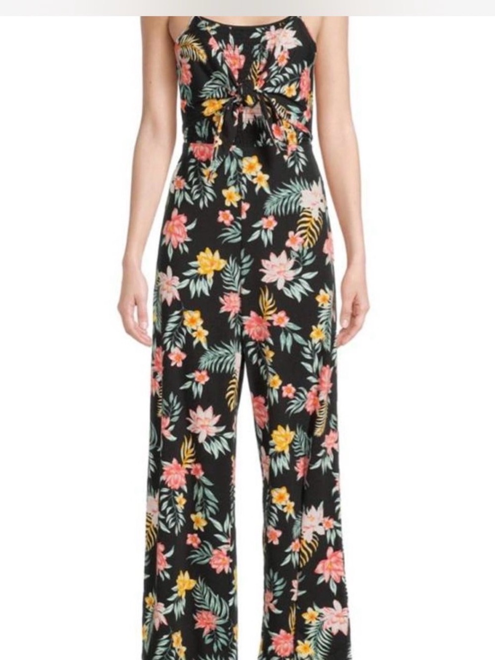Justice Black Floral Tie-Front Wide-Leg Jumpsuit